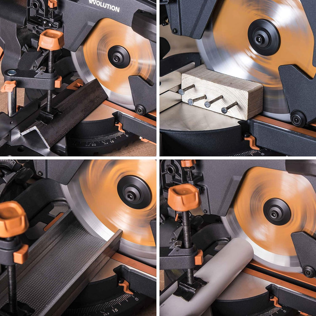 Evolution Power Tools R255SMS Sierra ingletadora Deslizante multimaterial, con Paquete Plus, Corta acero dulce, aluminio, plástico, madera con clavos incrustados 230 V, 255 mm