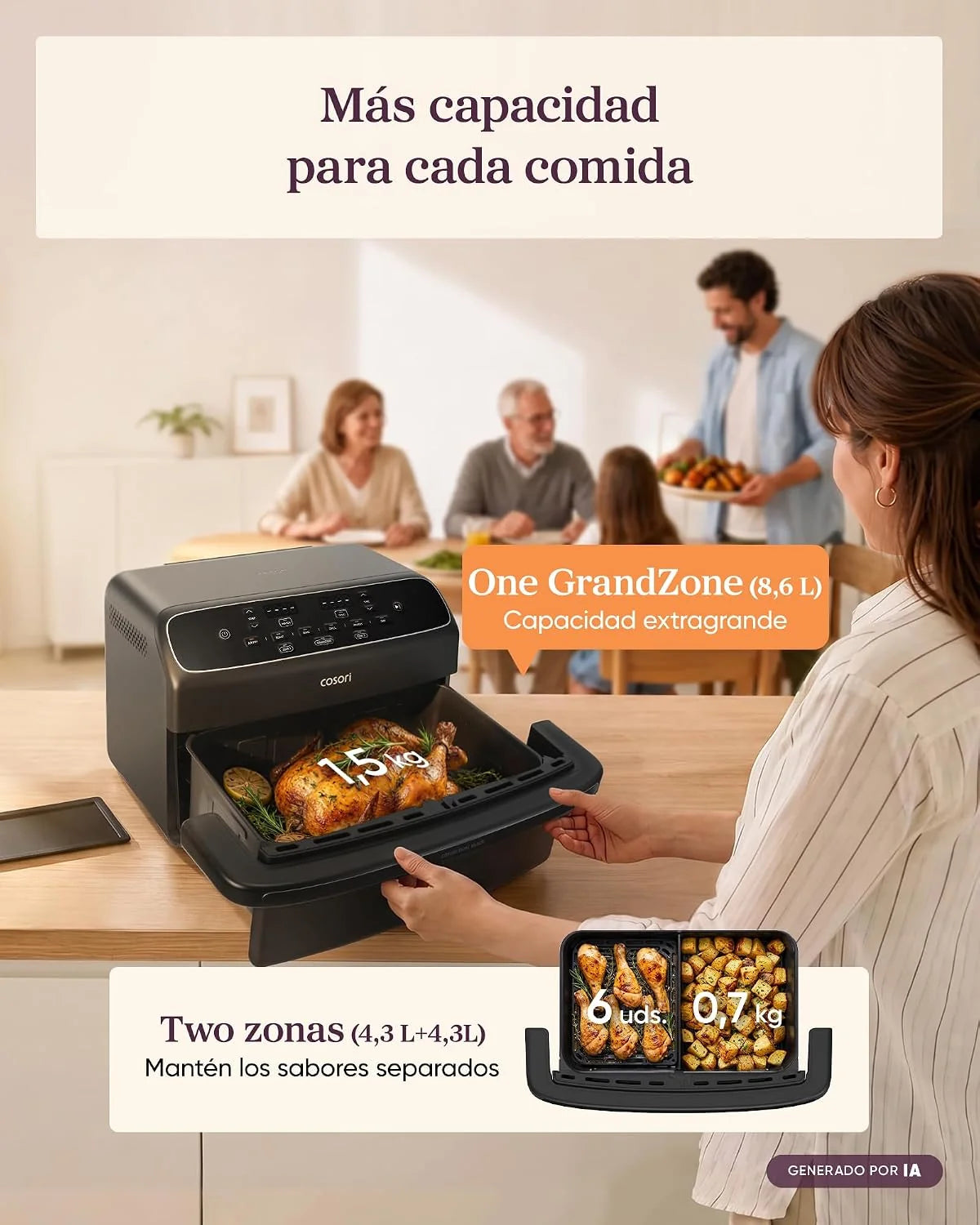 Cosori Freidora de Aire 8,6L Dual Blaze TwinFry Compact, sin PFAS ni Teflon