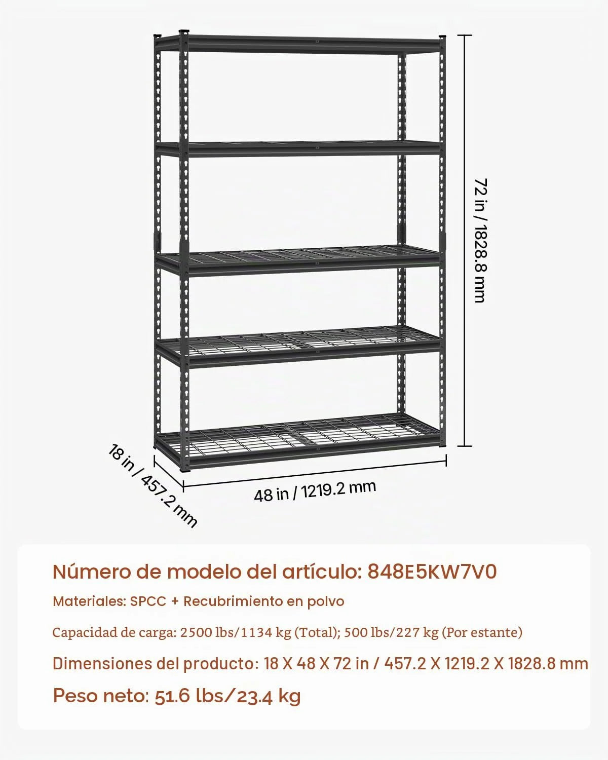 VEVOR Estantes de Almacenamiento de 457,2 x 1219,2 x 1828,8 mm Carga de 1134 kg, Estanterías de Garaje Resistentes de 5 Niveles, Estantes de Metal Ajustables para Cocina, Almacén, Sótano, Negro