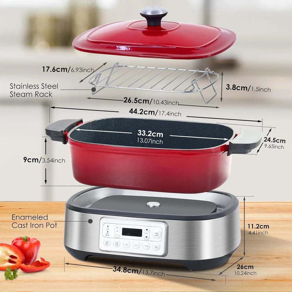 Homtone Cacerola 6 en 1 Slow Cooker, 5,5 l, programable, esmaltada extraíble, revestimiento de cerámica, cocción lenta, dora, cocción al vapor con rejilla de vapor, color rojo