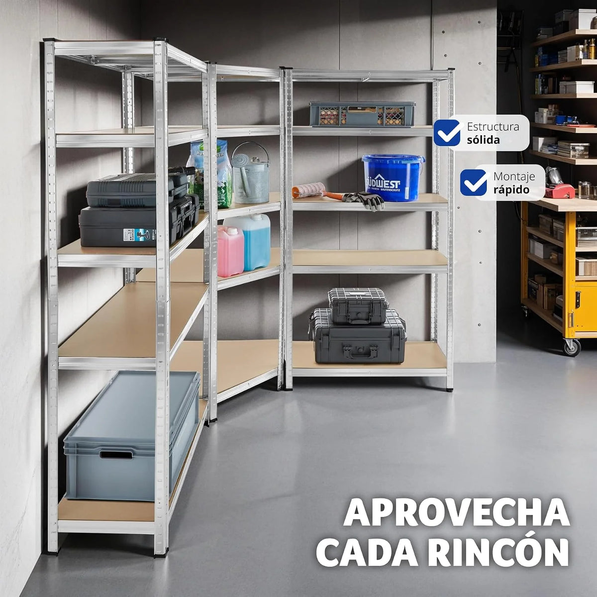 tectake® Estantería para Cargas Pesadas, 3 Partes, 15 Estantes, Estructura de Acero Galvanizado, Capacidad de Carga 2625 kg, Ajustable en Altura, Convertible en Bancos de Trabajo, Bordes Redondeados