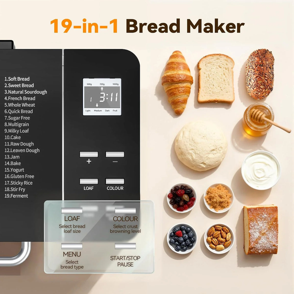 TRIUMPHKEY 19 Programas Panificadora Automática con Dispensador, 3 Tamaños & 3 Tostados Panificadora de Pan, Temporizador 15h, 1kg Maquina de Hacer Pan, Panificadora sin Gluten, Yogur y Mermelada