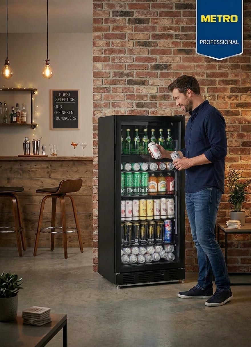 METRO Professional Frigorífico para Bebidas GSC4240B, Nevera Vertical con Puerta de Cristal, 54 x 54.5 x 139.5 cm, Iluminación Led, 6 Estantes Ajustables, con Cerradura, 4-18 °C (237 L, Negro)