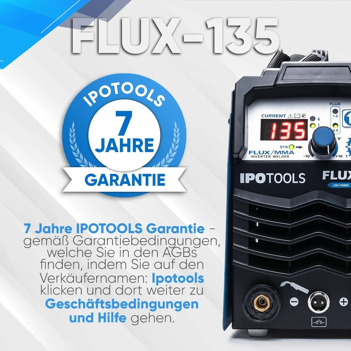 IPOTOOLS FLUX-135 - Estación de soldadura (135 A, FLUX-135 A, estación de soldadura inverter sin gas para estación de soldadura de alambre con relleno de 0,8 mm o 1,0 mm con MMA/IGBT/230 V/7 años de