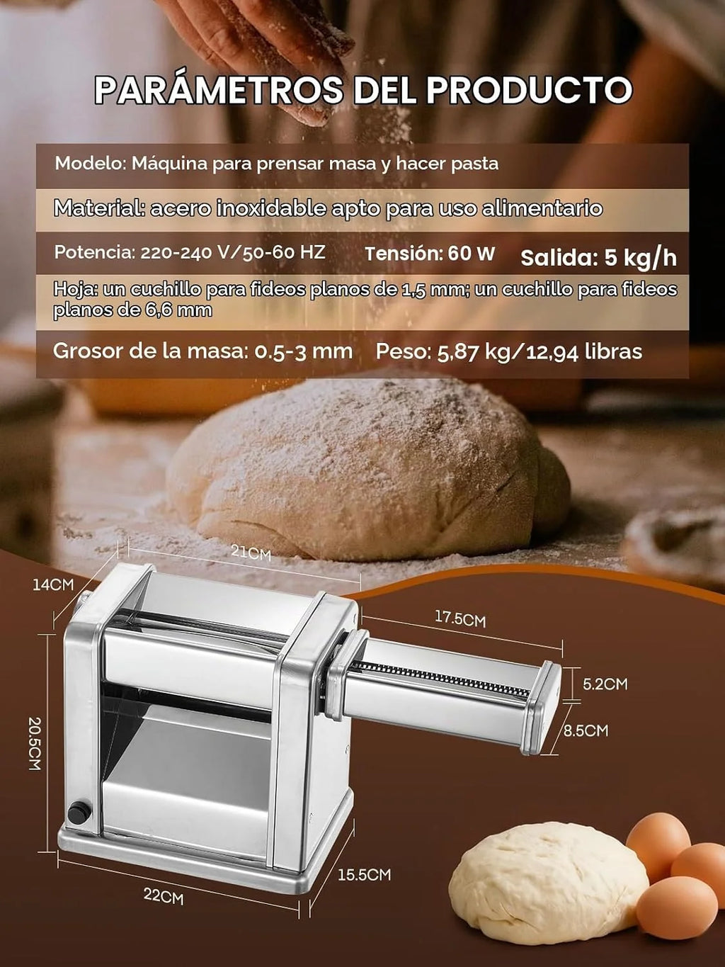 FOHERE Máquina de Pasta Fresca Eléctrica con 2 Cuchillas (1.5 mm/6.6 mm) y 7 Grosores Ajustables de 0.5-3 mm, Acero Inoxidable para Hacer Fideos Espaguetis Raviolis, Plata