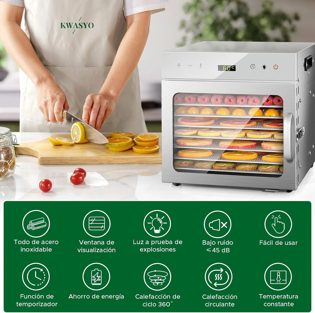 Kwasyo 8 Bandejas Deshidratador de Alimentos, Recetas Temperatura Ajustable 30-90℃, Acero Inoxidable Completo, Temporizador de 24 horas, Deshidratadora de Frutas, BPA Free