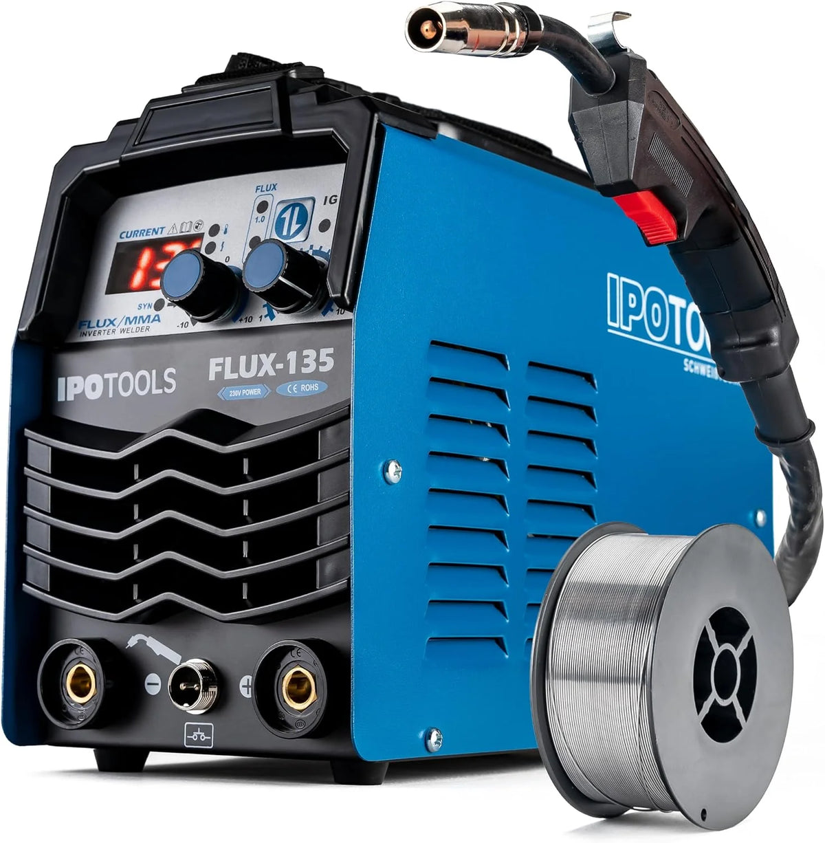 IPOTOOLS FLUX-135 - Estación de soldadura (135 A, FLUX-135 A, estación de soldadura inverter sin gas para estación de soldadura de alambre con relleno de 0,8 mm o 1,0 mm con MMA/IGBT/230 V/7 años de