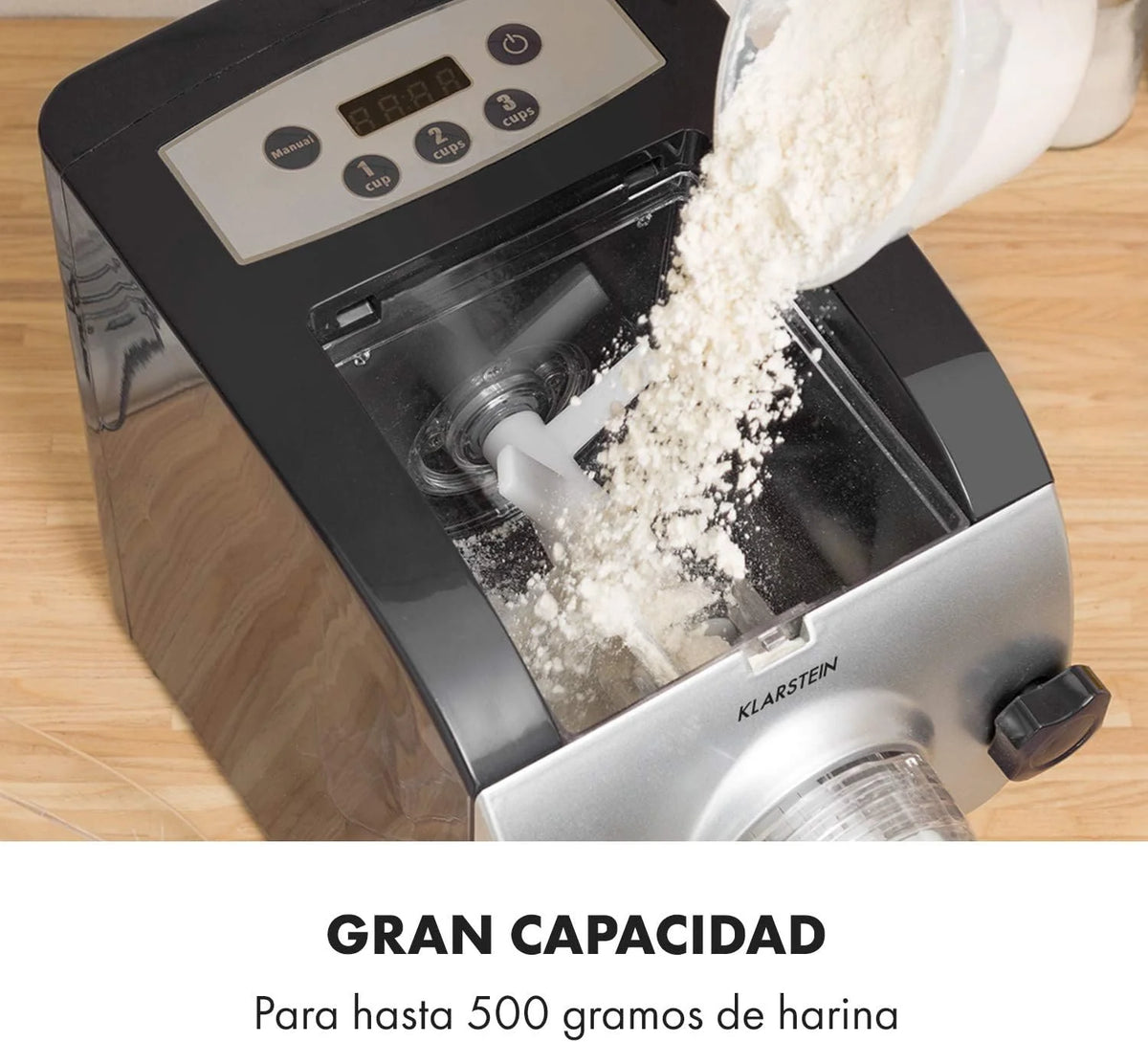 Klarstein Pastamania Máquina para Hacer Pasta Eléctrica – 260W Automática con 7 Accesorios, Capacidad de 500g, Silenciosa 60dB, Pantalla LED, Proceso de Amasado en 3