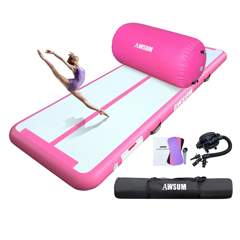 2025 Colchón de gimnasia inflable AWSUM – disponible en longitudes de 10, 13 o 16 pies, grosor de 4 pulgadas, pista de acrobacias con rodillo inflable y bomba eléctrica para casa o gimnasio