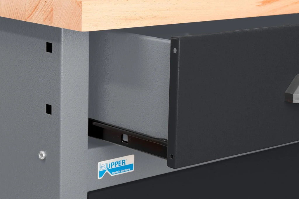 Küpper Banco de Trabajo 12170, 170 x 84 x 60 cm, 6 cajones, 2 Puertas, Carga de 300 kg, Superficie de Trabajo de Haya Maciza de 30 mm (Negro, 170 x 84 x 60 cm)