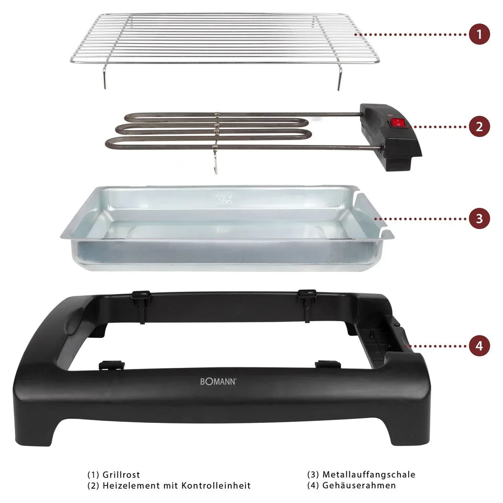 Bomann Bq 1240 - Barbacoa Eléctrica Con Parrilla Cromada De 35,5 X 24,5 Cm, 2000 W, Color Negro