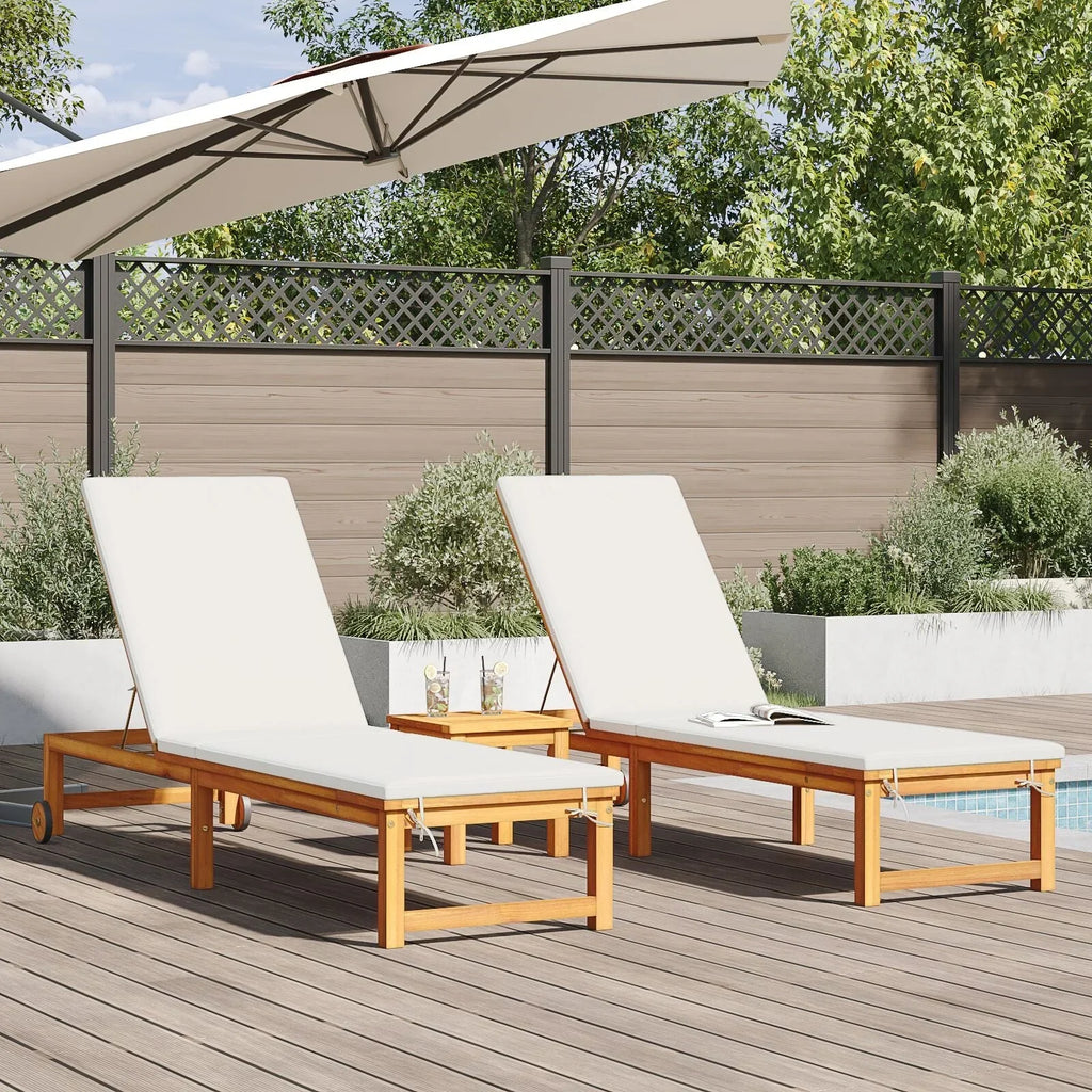 2025 Tumbonas 2 pcs con Mesa y Cojines de Madera Maciza de Acacia, Tumbona con Cojines Crema de Madera Maciza de Acacia, Mesa Lateral de Jardín 35x35x34 cm de Madera Maciza de Acacia V8526