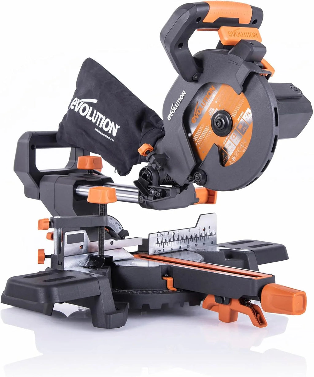 Evolution Sierra ingletadora deslizante de 185 mm (R185SMS+) de Evolution con corte multimaterial; bisel de 45°, inglete de 50°; guía láser. Incluye hoja multiusos