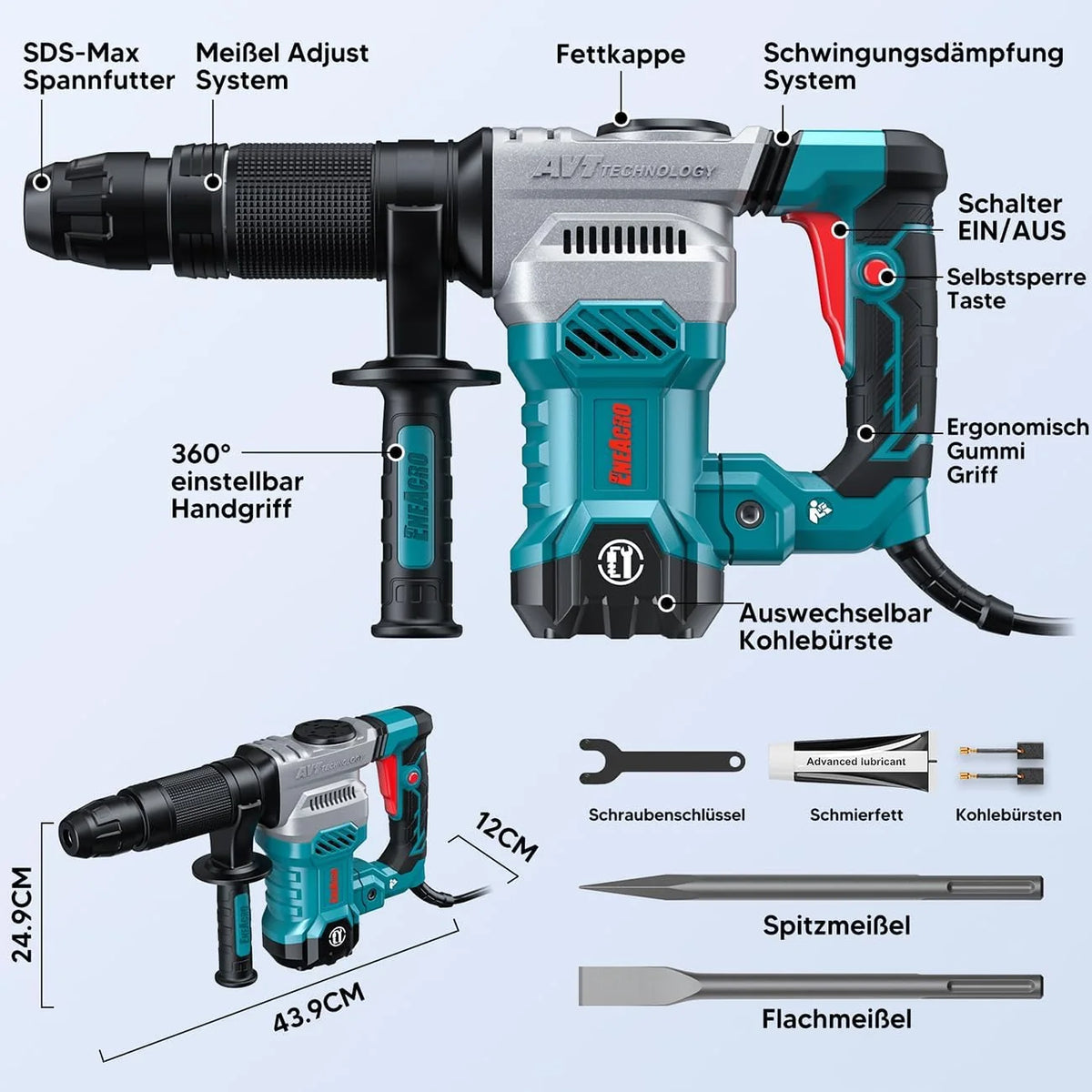 ENEACRO Martillo de Demolición SDS-Max, Potente Martillo Demoledor Eléctrico 1300W 20 Joule con Cuerpo de Aleación de Aluminio, Sistema Anti-Vibración, Incluye Cinceles y juegos de herramientas