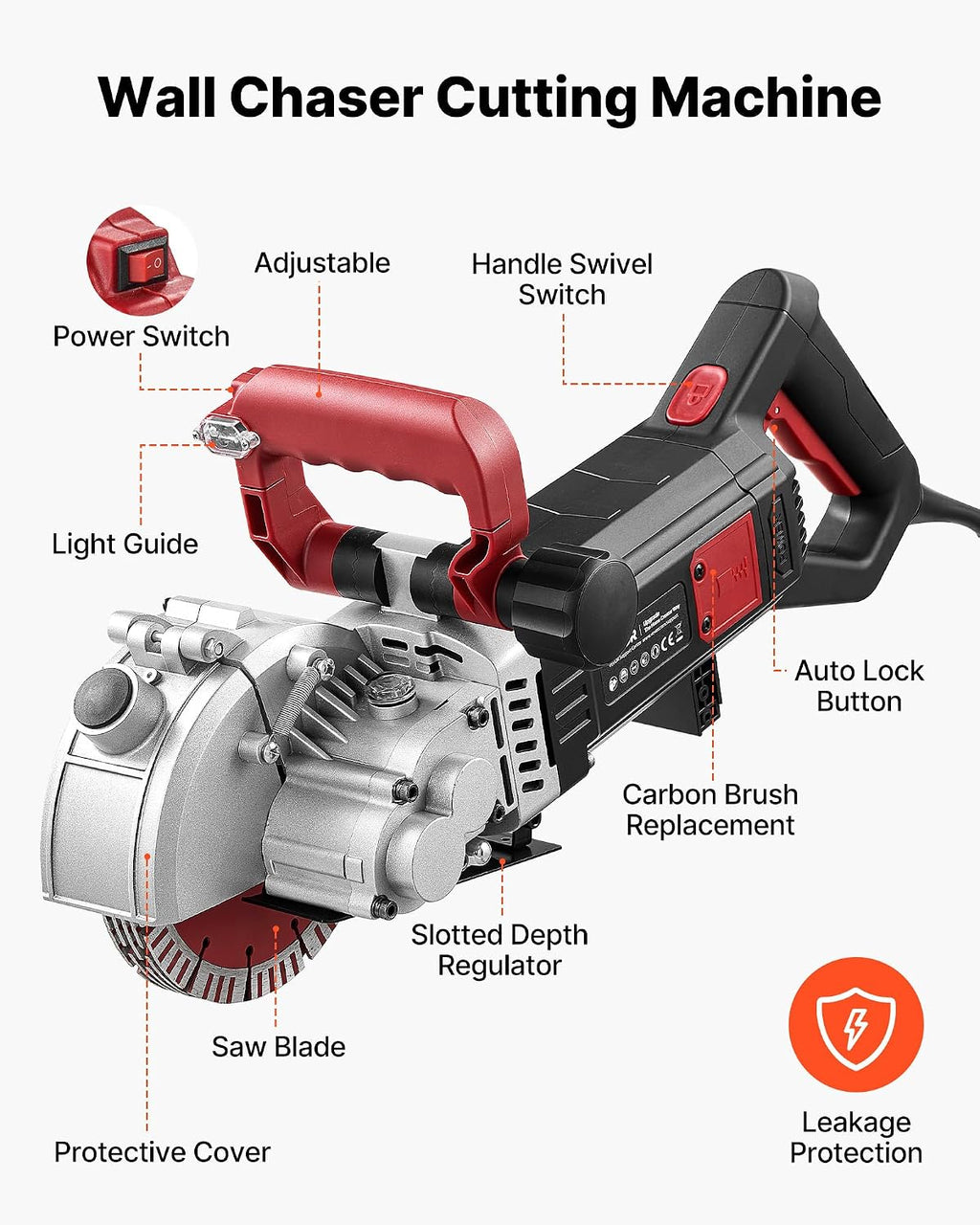 VEVOR Rozadora de Pared de Potencia Máxima 5000 W, Ranuradora de Pared 5460 RPM, Profundidad 50 mm, Anchura 40 mm con 5 Discos 160 mm, Línea Guía para Hormigón Ladrillo Mampostería Cableado Tuberías