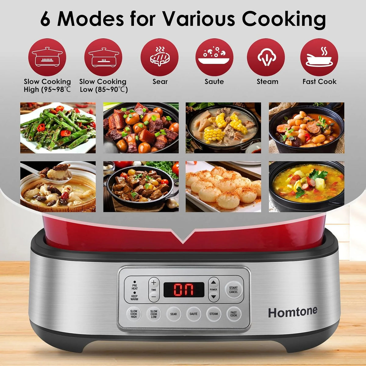 Homtone Cacerola 6 en 1 Slow Cooker, 5,5 l, programable, esmaltada extraíble, revestimiento de cerámica, cocción lenta, dora, cocción al vapor con rejilla de vapor, color rojo