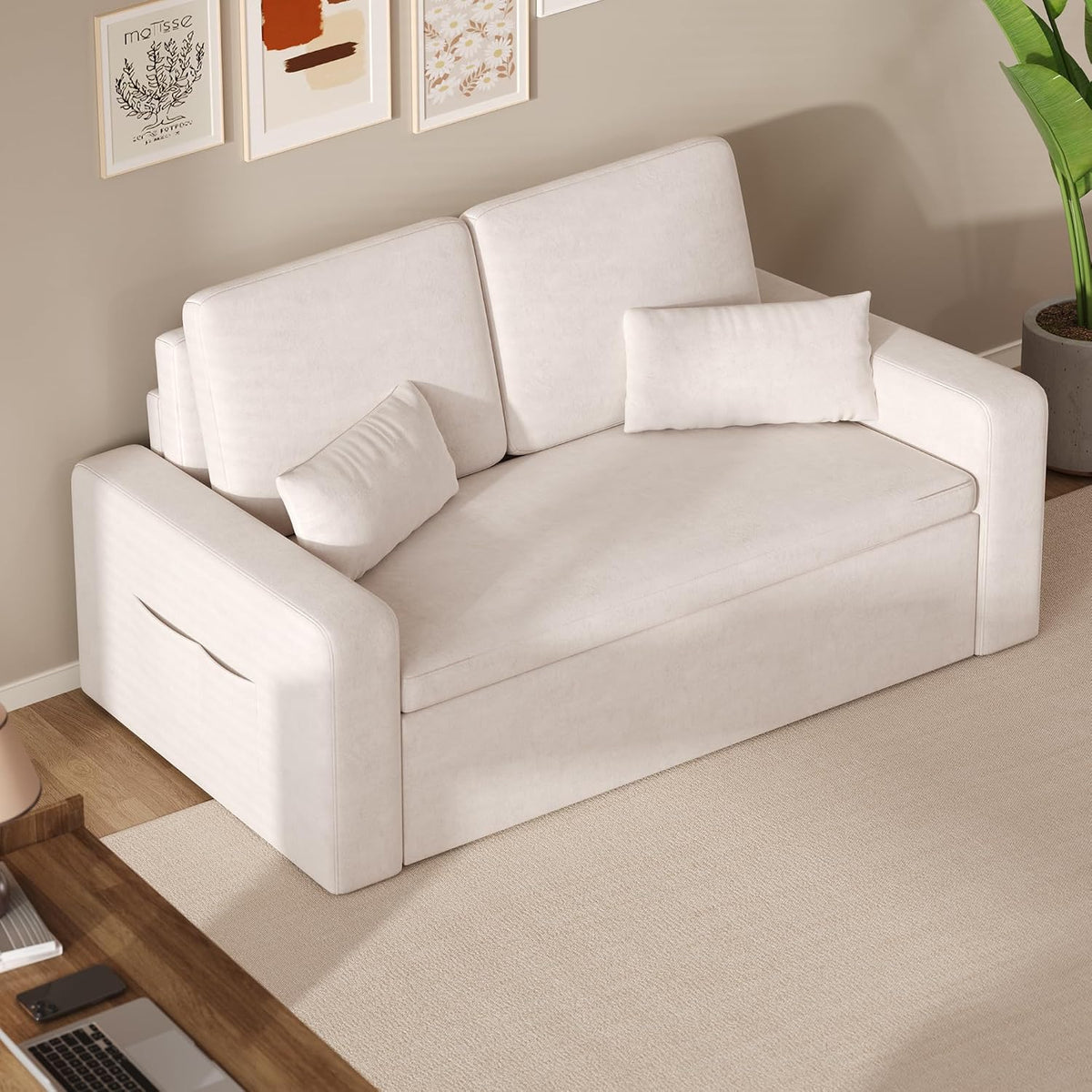 Xbro 2 Seater Sofa Bed, 3-in-1 Convertible Armchair with Bed, Two Storage Pockets, Velvet Upholstery, 147 x 196 x 87 cm, Includes Two Cushions, Beige