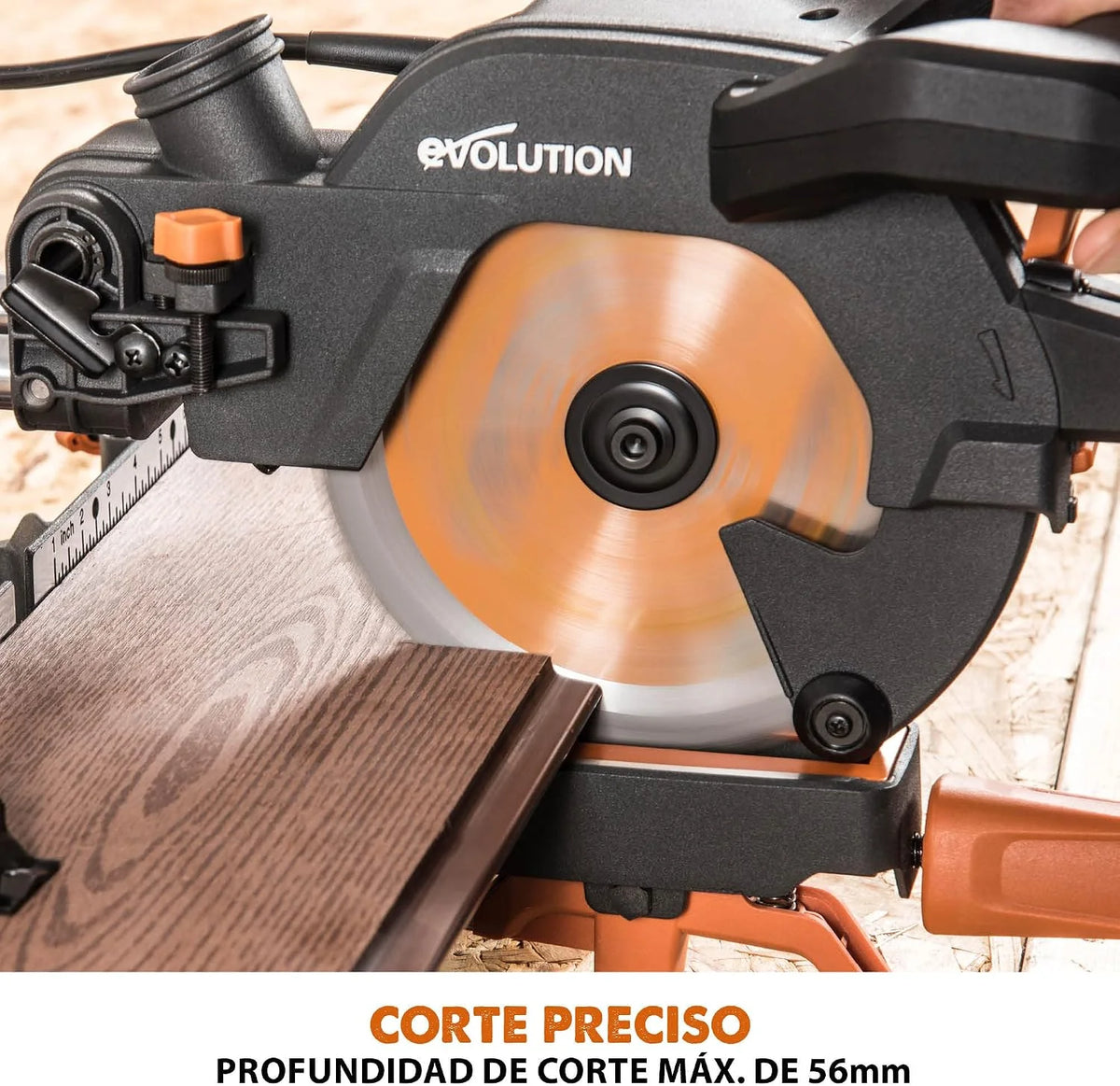 Evolution Sierra ingletadora deslizante de 185 mm (R185SMS+) de Evolution con corte multimaterial; bisel de 45°, inglete de 50°; guía láser. Incluye hoja multiusos