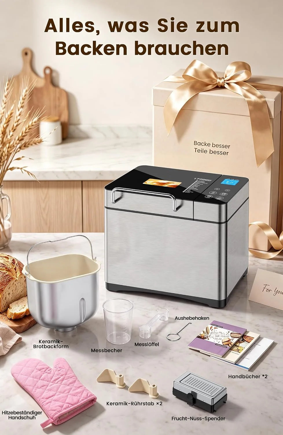 Panificadora de acero inoxidable 2LB 17 en 1 con recipiente para frutas y frutos, molde de cerámica antiadherente y panel táctil digital, 3 tamaños, 3 colores, set de reserva y mantenimiento