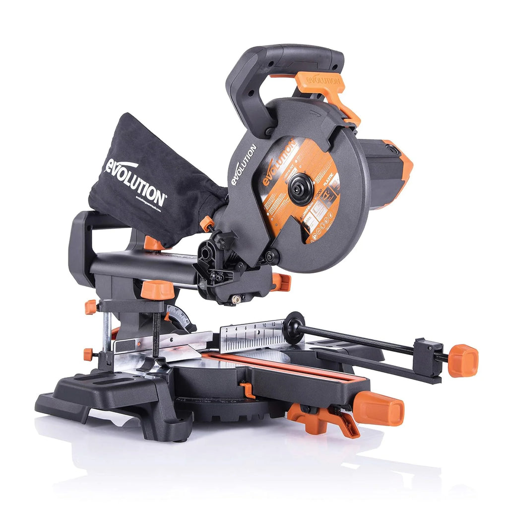 Evolution Power Tools R210SMS+ Ingletadora deslizante multimaterial de 210 mm, con paquete Plus, Corta acero dulce, aluminio, plástico, madera con clavos incrustados, 230 V