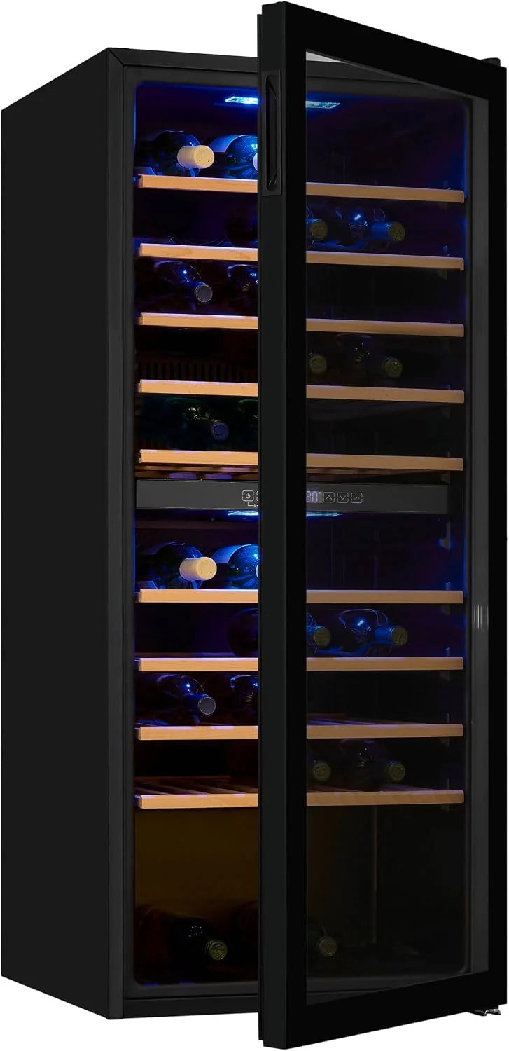 Exquisit® Vinoteca para 114 Botellas, 220L, Negro, Clase G, Dos Zonas de Temperatura 5-20°C, Control Digital LCD, Puerta de Cristal Reversible, Medidas (129,0 x 55,2 x 57,5 cm)