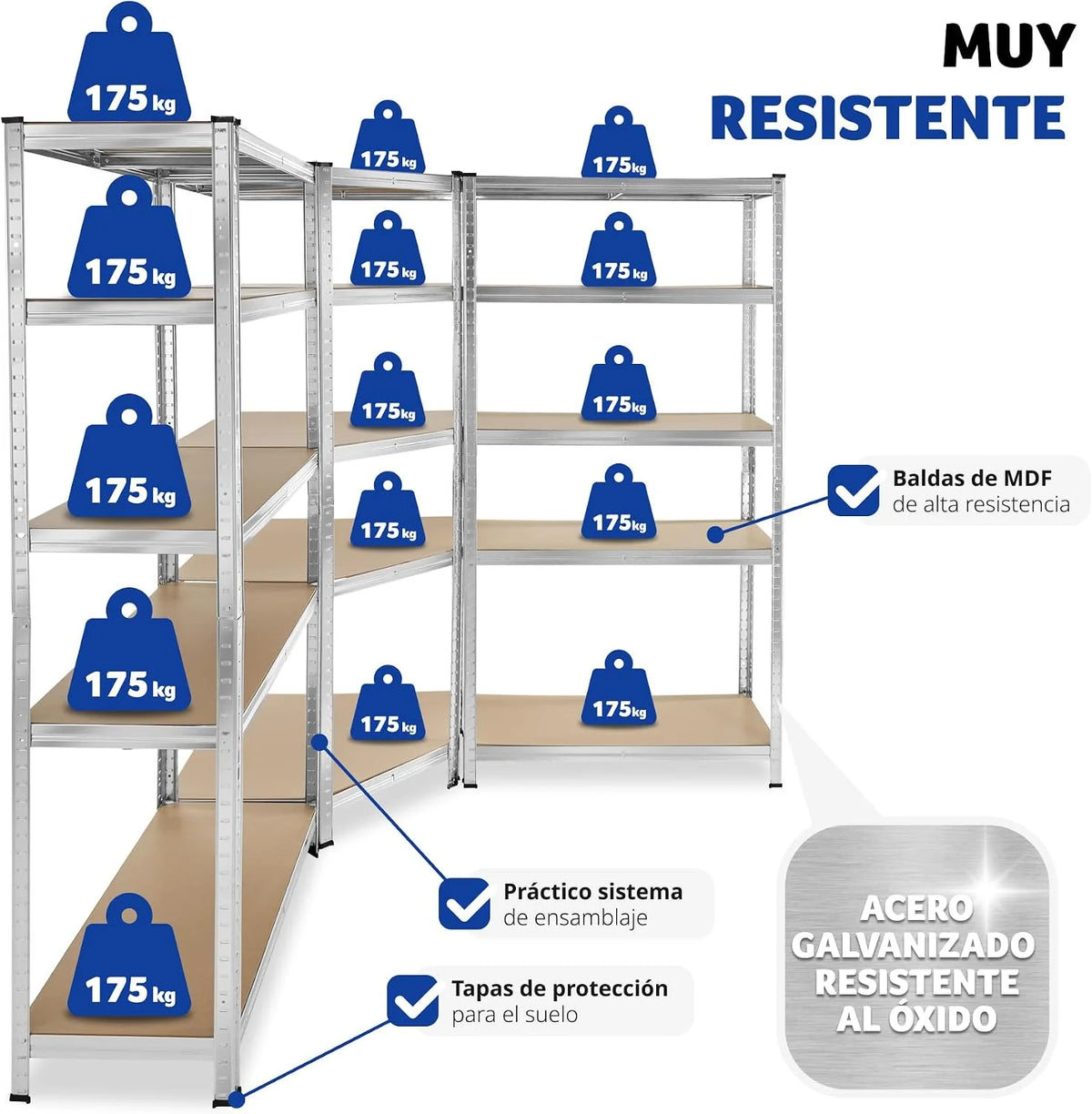 tectake® Estantería para Cargas Pesadas, 3 Partes, 15 Estantes, Estructura de Acero Galvanizado, Capacidad de Carga 2625 kg, Ajustable en Altura, Convertible en Bancos de Trabajo, Bordes Redondeados