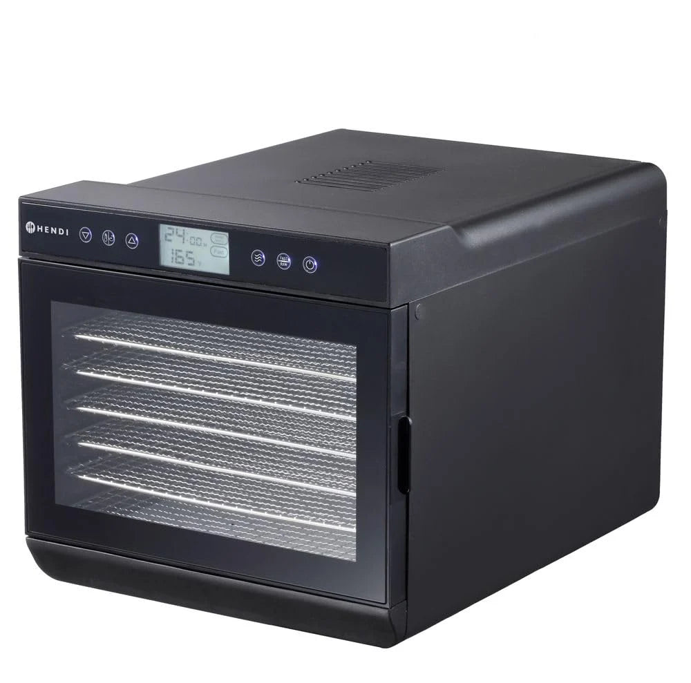 HENDI Deshidratador de alimentos, con 7 bandejas, secador eléctrico de frutas y verduras, temporizador de 24 hrs, temperatura regulable 35°-70°C, 230V, 500W, 345x450x(H)315mm, acero inoxidable, PP