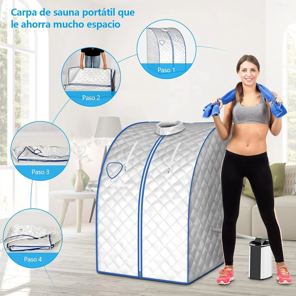 COSTWAY 3L Mini Sauna de Vapor para Casa con Control Remoto, Silla y Accesorios Sauna de Vapor Portátil con Control Remoto, 1000w Cabina de Sauna con Temperatura y Temporizador Ajustables (plata)