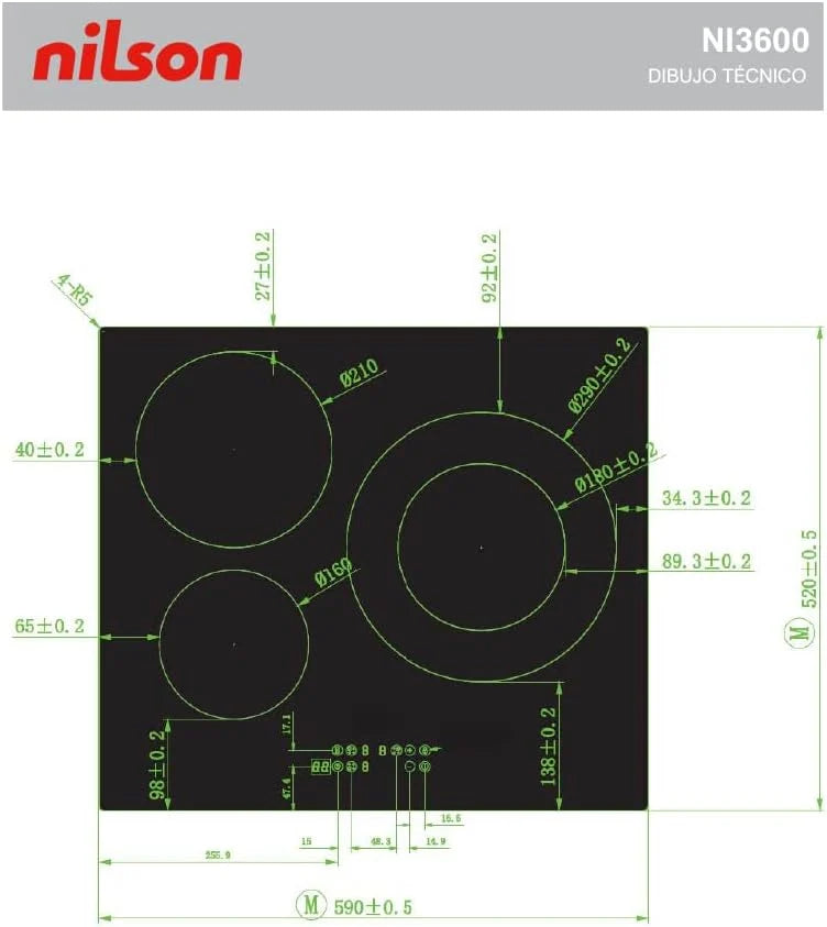 Nilson Placa de Inducción Cristal negro NI3600. Potencia máx. 7200 W, 3 Zonas de Cocción, 9 Niveles de Cocción, Control Táctil, Función Turbo, Bloqueo, Autodesconexión Seguridad, Diámetros 16-21-29 cm