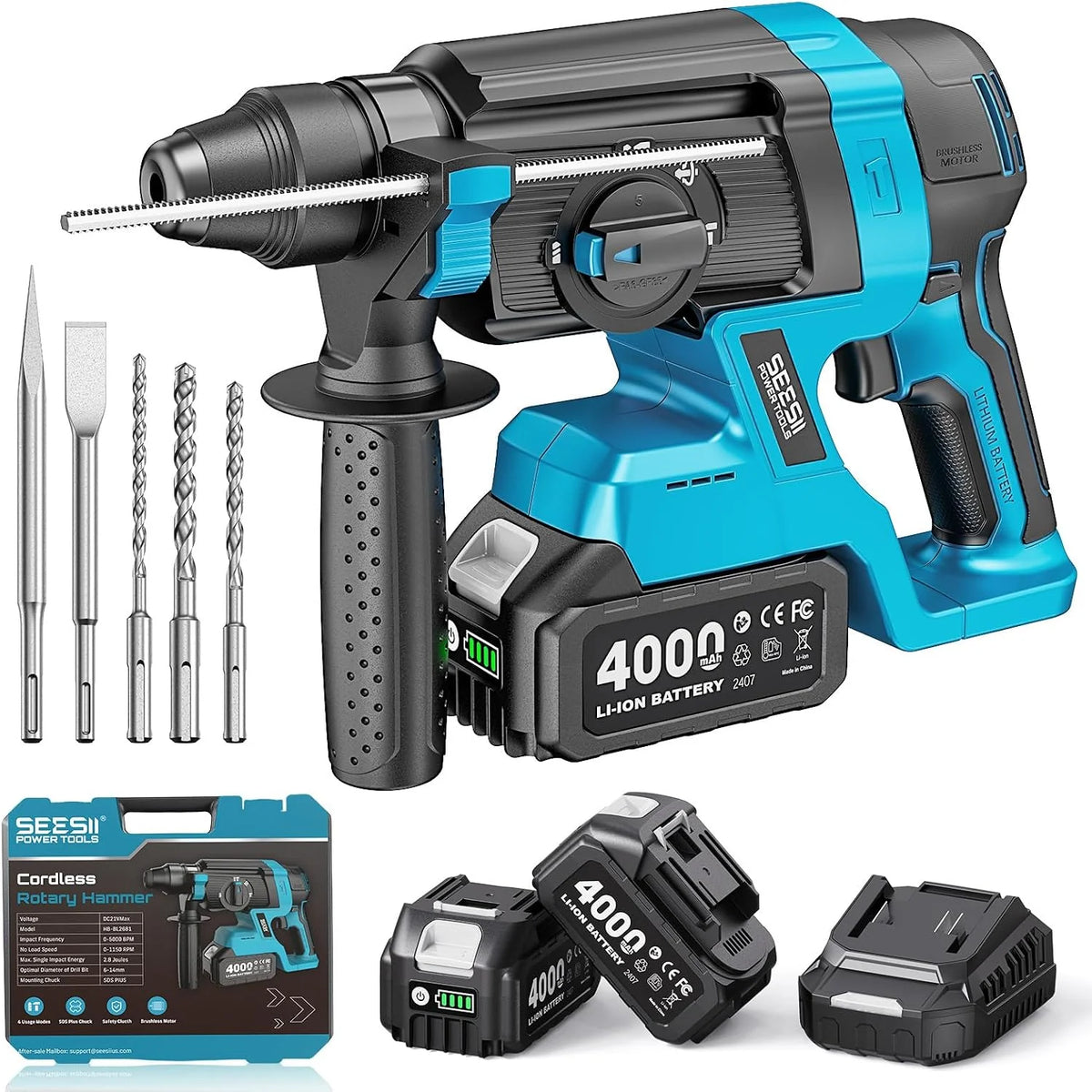SEESII 2.8J Martillo Perforador a Batería, SDS Plus,Taladro Percutor 4 en 1