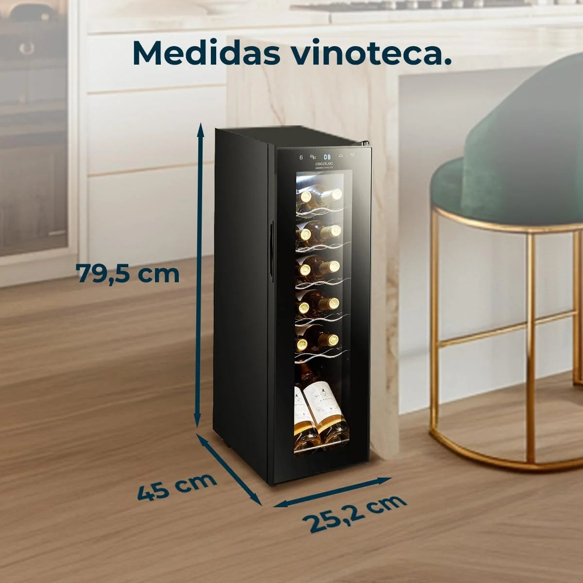 Cecotec Vinoteca Nevera para Vinos 12 Botellas Bolero GrandSommelier 1250 CoolCrystal Compressor. Libre Instalación, Temperatura Ajustable de 8-18ºC, Panel Táctil, LED