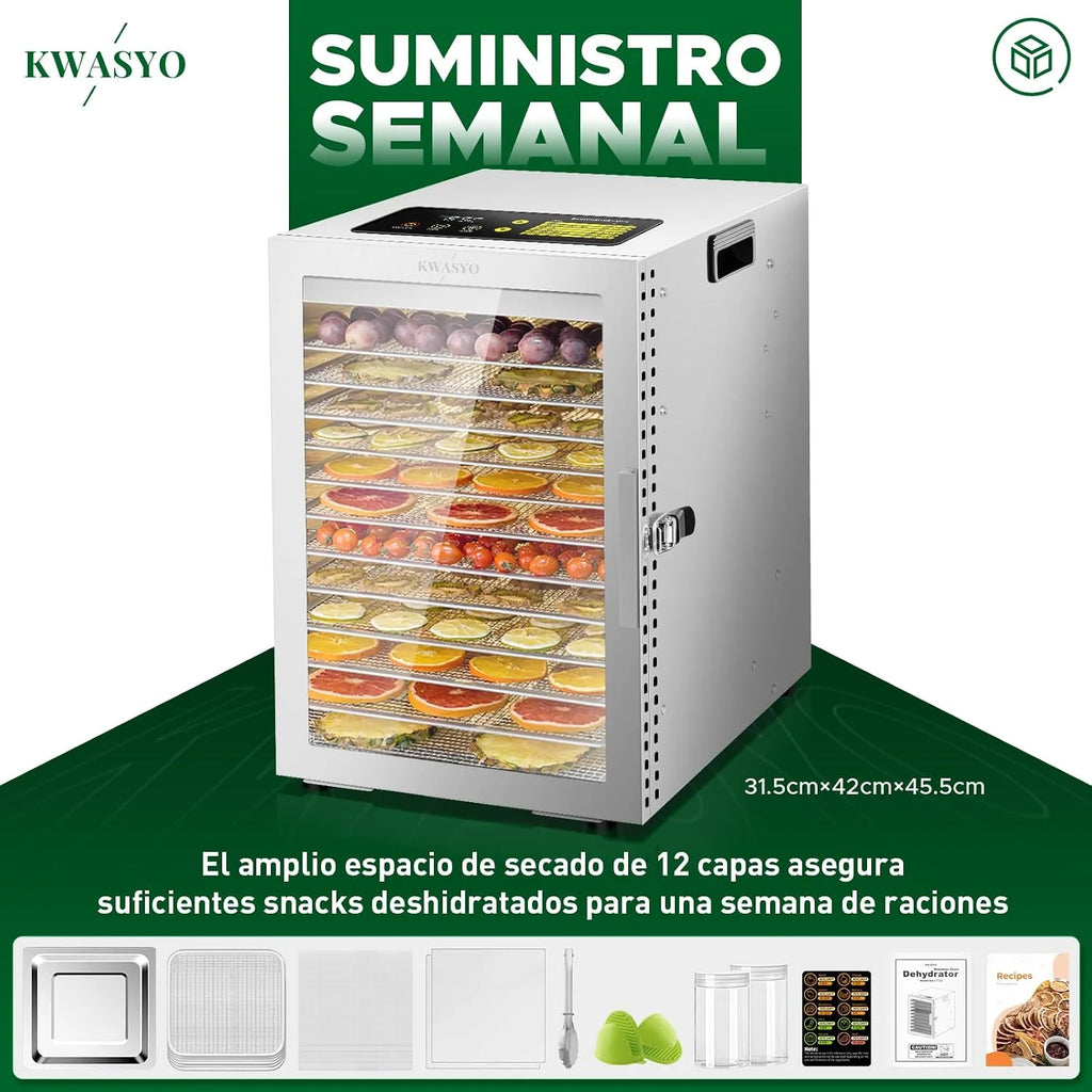 Kwasyo Deshidratador de Alimentos de Acero Inoxidable con 12 Bandejas, Secado eficiente de 360° con doble ventilador, Temporizador 24 horas, Temperatura: 30 a 90℃, deshidrata fruta, carne, verduras