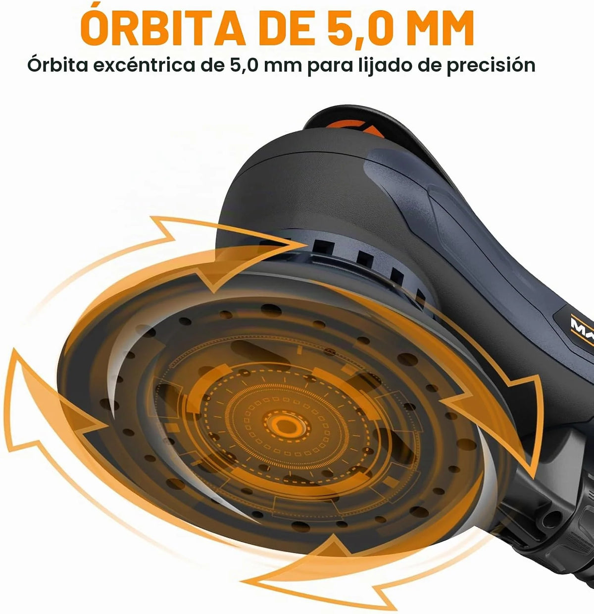 MAXXT lijadora excéntrica 150 mm, sin escobillas, conector tri-núcleo, carrera 5,0 mm, freno automático (2 s), 6 velocidades, incluye 10 lijas y cable 5 m.