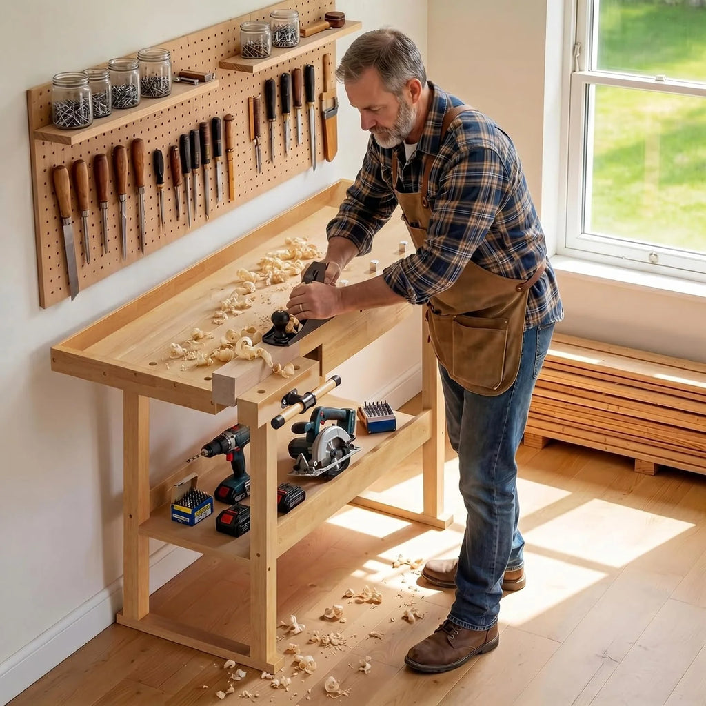 Wiltec Banco de Carpintero 151 x 61,5 x 86 cm Mesa de Trabajo de Madera 150 kg con cajón, Estante y Pinzas de sujeción, Ideal para Trabajos de carpintería, Bricolaje y Taller