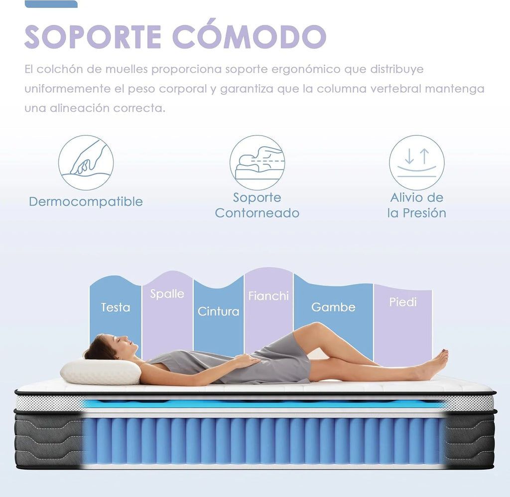 DEWINNER Mattresses 135 x 190 cm | Height 27 cm | Memory Foam + Pocket Springs | 7 Zones | Medium Firmness and Maximum Breathability | Ideal Choice for Bedrooms and Apartments
