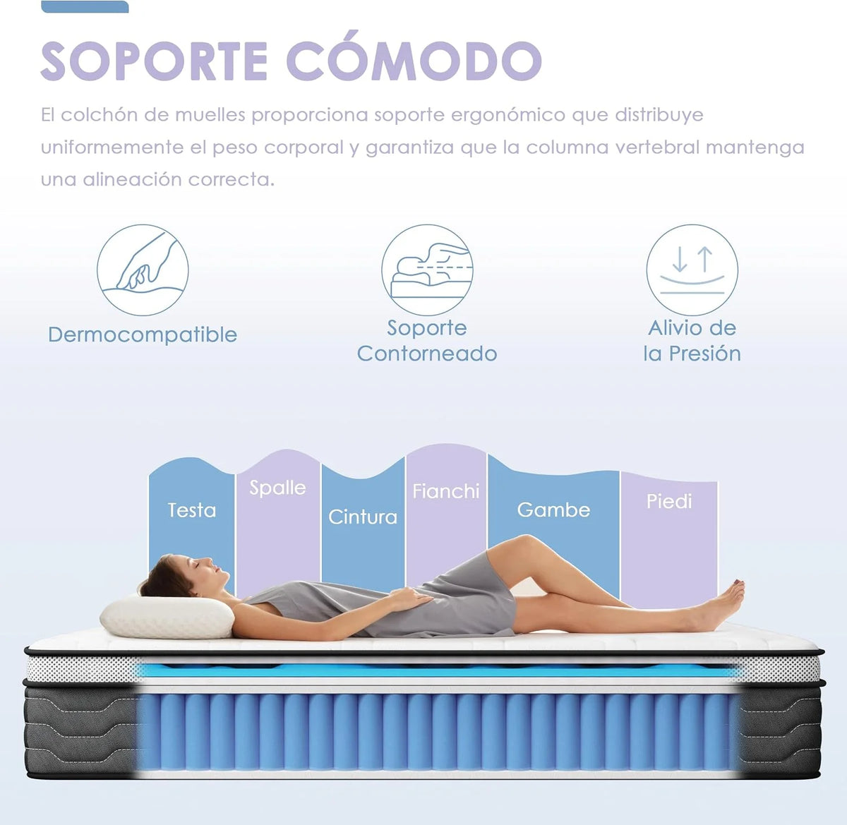 DEWINNER Mattresses 135 x 190 cm | Height 27 cm | Memory Foam + Pocket Springs | 7 Zones | Medium Firmness and Maximum Breathability | Ideal Choice for Bedrooms and Apartments