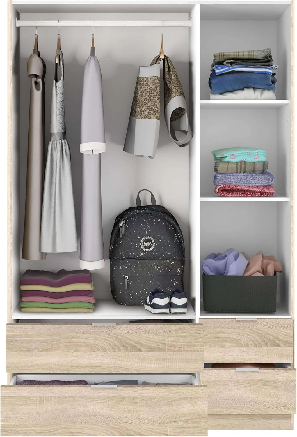 Habitdesign Wardrobe Wardrobe 3 Doors and 4 Drawers, 200 x 135 x 52 cm (H x W x D – cm), High Bedroom Wardrobe, Canadian Oak
