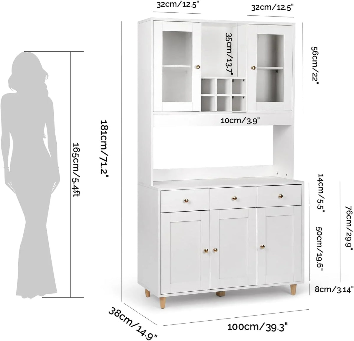 VOWNER Armario Aparador Cocina/Buffet, 100L x 38W x 181H cm, Mueble Auxiliar de Almacenaje, 5 Puertas y 5 Baldas Ajustables, Blanco