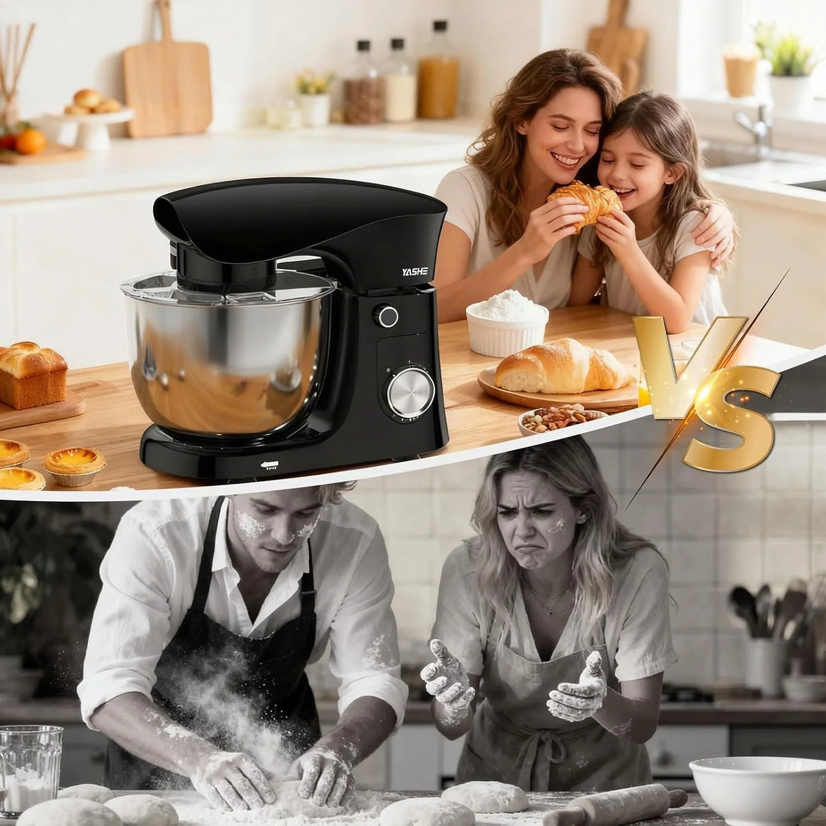 YASHE Batidora Amasadora 1500W, 4,5 + 5L Doble Bol de Acero Inoxidable, 10+P Velocidades, Movimiento Planetario, Cabezal Inclinable, Gancho para Masa, Batidor y Varillas