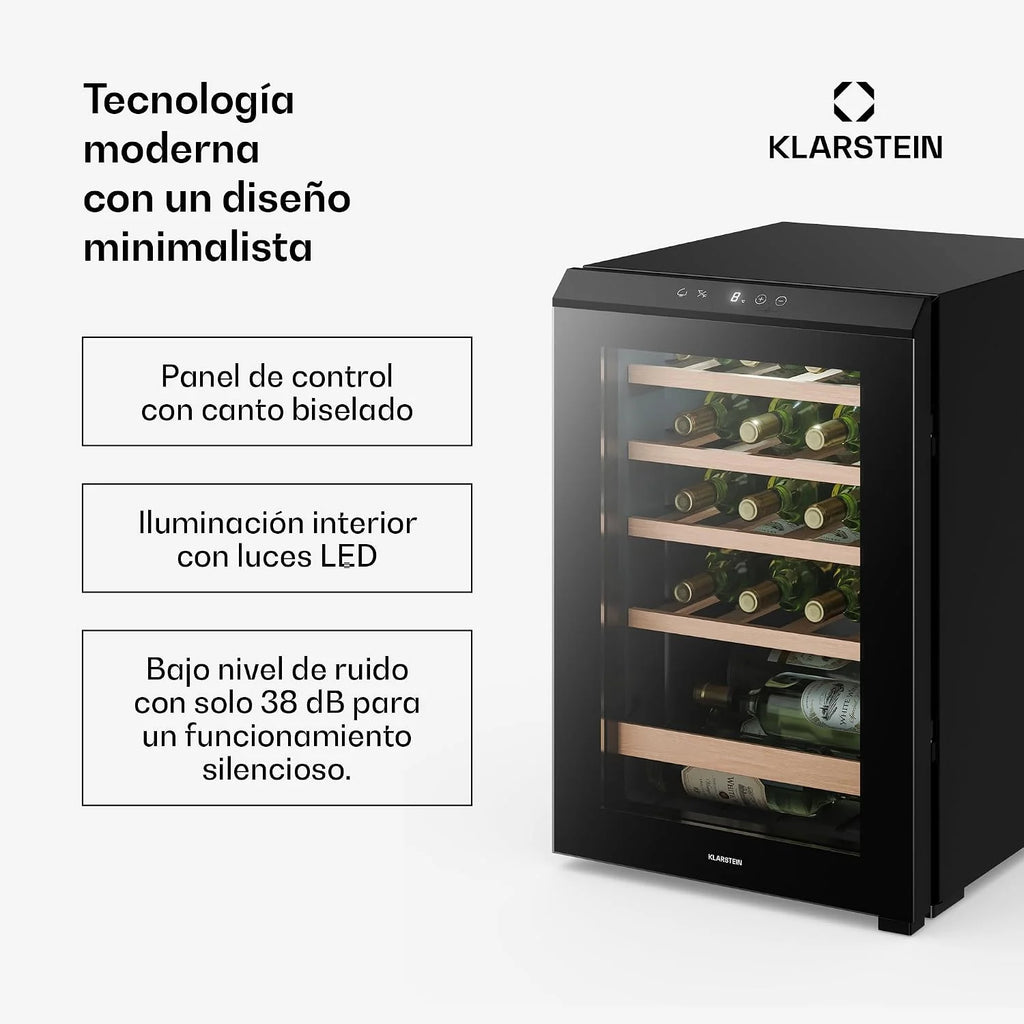 KLARSTEIN Bevora Frigorífico 20 botellas – Enfriador de vino independiente, controles táctiles 4-18 °C, puerta de cristal UV, luz LED, estantes de madera