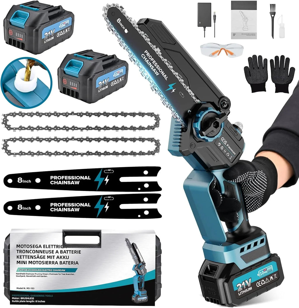 2-en-1 8 Pulgadas Mini Motosierra y Motosierra de Pértiga Inalámbrica con 2 Baterías de 4000mAh, Motosierra sin Escobillas con Telescópicas para Exterior, Extensible hasta 4M