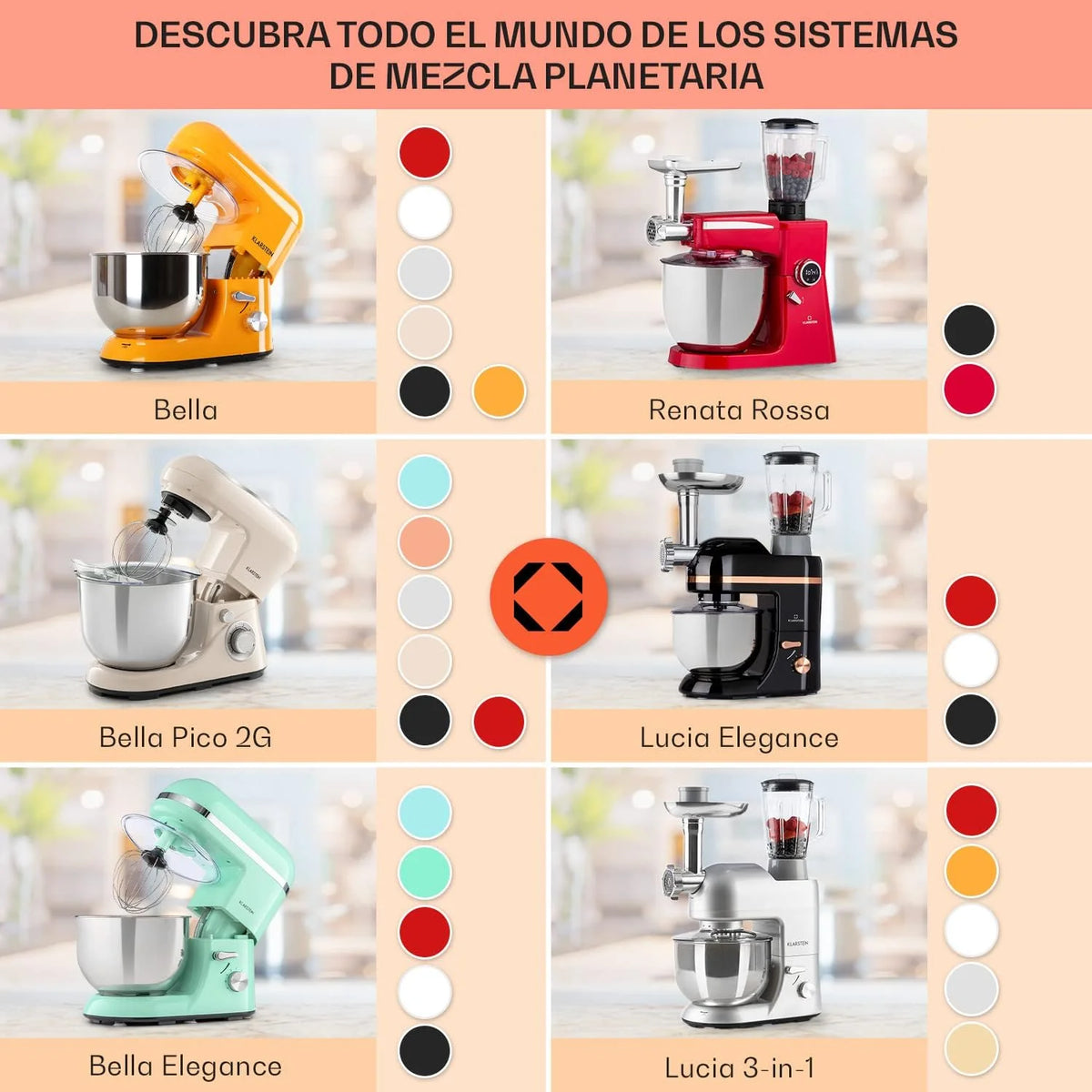 Klarstein Batidora Amasadora con Bol, 5L para Hornear, Robot Cocina, Amasadora Reposteria 1800W, Picadora Carne, Gancho y Bol para Mezclar con Varillas Rotación Planetaria 6 Velocidades