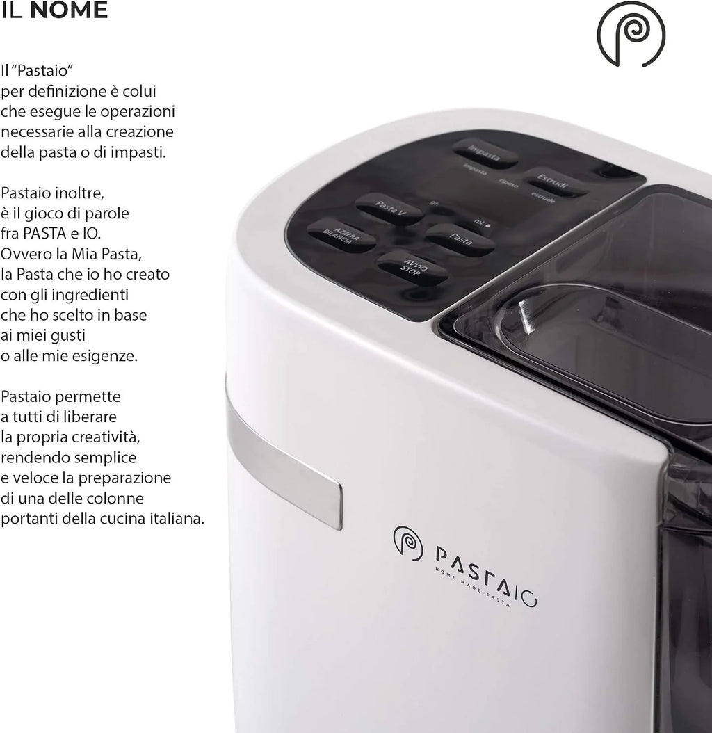 PASTAIO | Máquina de Pasta Fresca de Doble Extrusión. Pasta Maker, hasta 800 g de pasta, pesaje automático, 11 estirado incluido para 15 tipos de pasta, 180 W