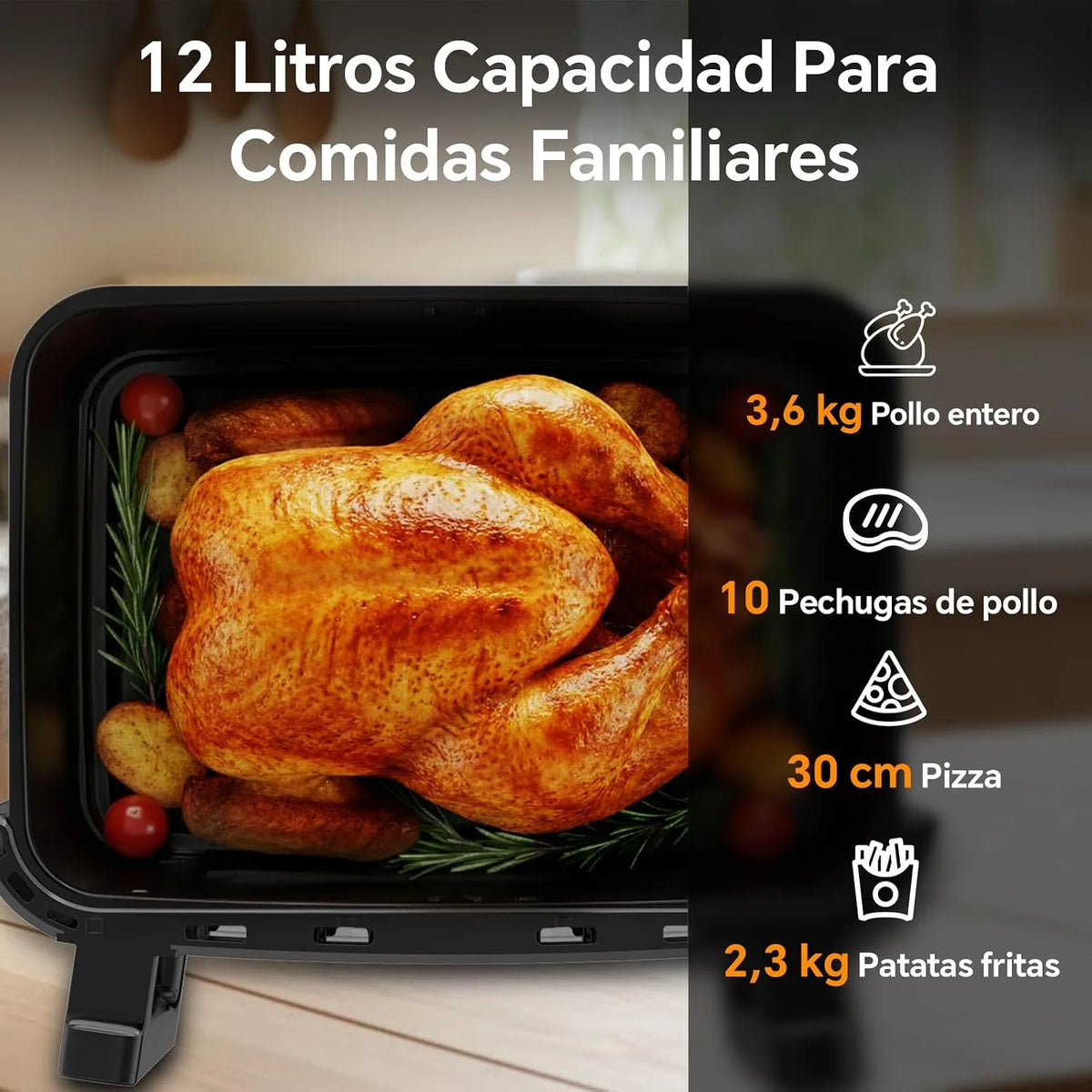 Freidora Aire 12 Litros | Freidora de Aire XXL Flexible Ajuste 1 Zona o 2 Zona, 2600W Doble Resistencia Control Independiente con Ventana y Luz, Air Fryer Grande 8-en-1 Controles táctiles Rezeptbuch
