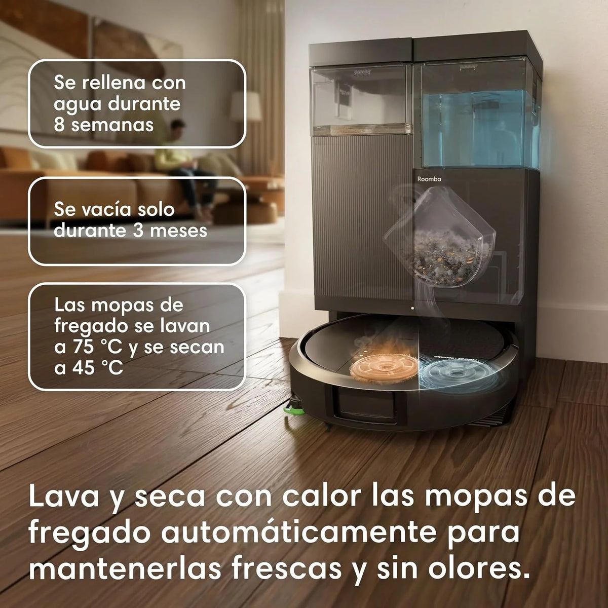 iRobot Roomba Plus 516 Combo Base AutoWash multifunción autolimpiable, 22KPa, Mopas DualClean Elevables y Extensible, Lava 75º, Seca 45º, Clearview LiDAR, Autonomía 90 Días, Accesorios Extra, Negro