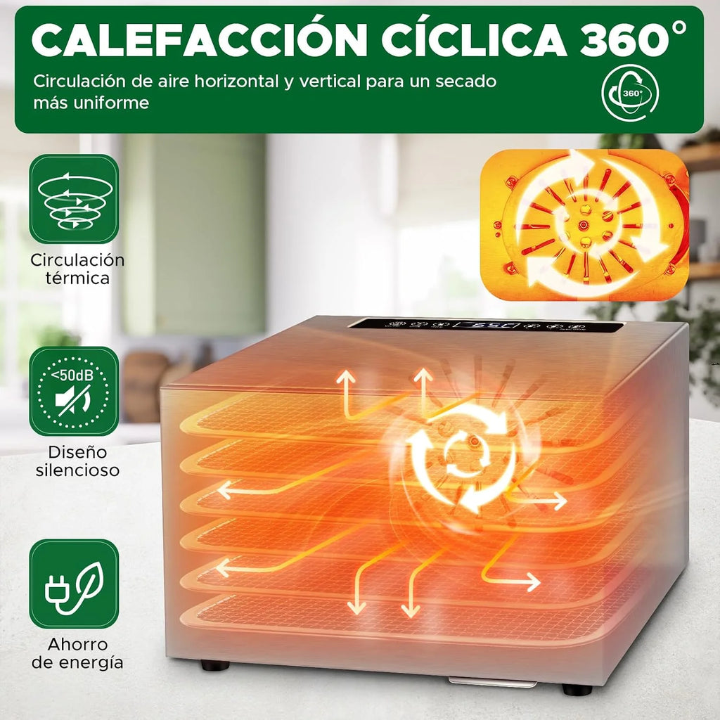 Kwasyo Deshidratador de Alimentos con 6 Bandejas Acero Inoxidable, Temporizador de 24 Horas, Temperatura Regulable 30~90℃, Pantalla LCD, 400W Deshidratador Alimentos de Frutas y Verduras, Libre BPA