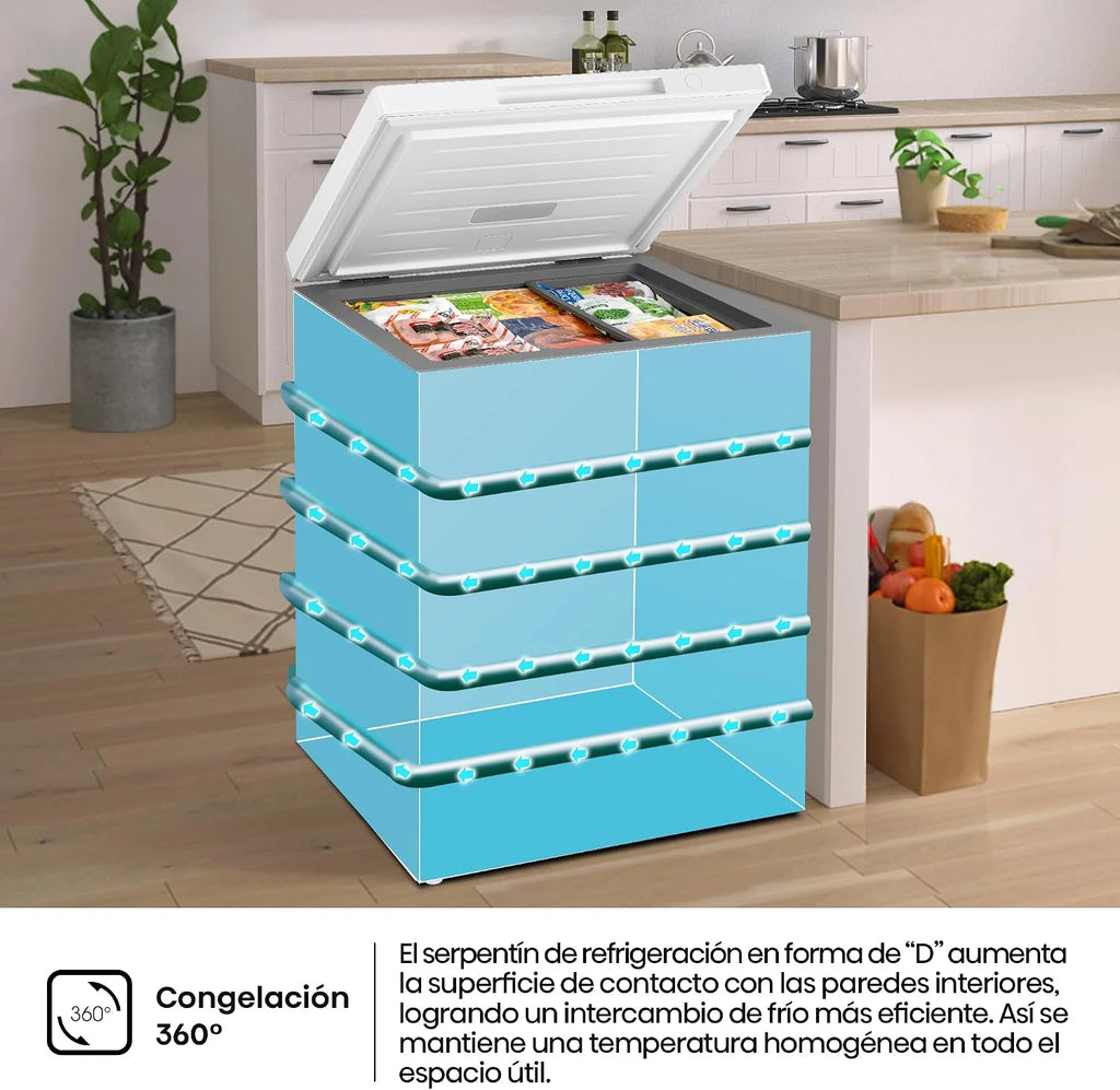 Hisense FT145N1AWDL - Arcón Congelador Horizontal, 141L, 86cm, Congelación 360°, Congelador Convertible, Control Electrónico de Temperatura, Freezer Protect, Goma de Puerta Antibacteria, Blanco