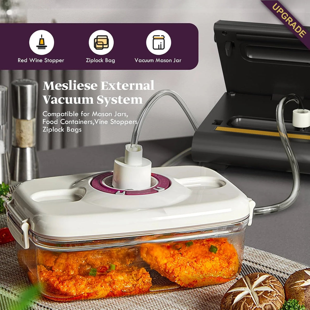Mesliese 90kPa Envasadora al Vacío, para Alimentos Secos/Húmedos, Gris | 6-in-1 Envasadora al Vacío Compacta, 2 Rollos de Bolsas & 5 Bolsas Precortadas, Succión Inteligente, Sellado al Vacío Externo