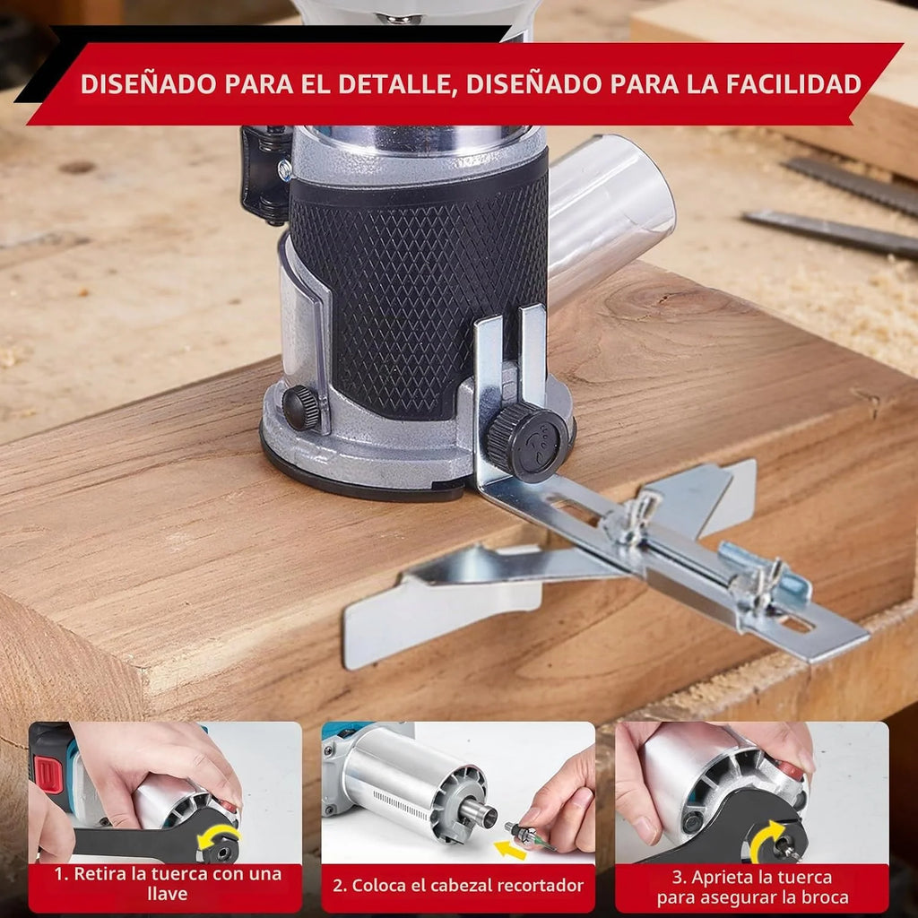 ONEVAN Fresadora inalámbrica, fresado 30mm, con 3 pinzas y 2x 3,0Ah