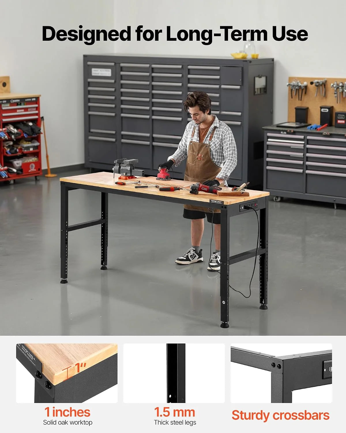 VEVOR Banco de Trabajo Ajustable Mesa de Trabajo de Garaje 1550x510 mm Alturas 688-910 mm Carga de 900 kg con Tomas de Corriente Estructura de Metal y Almohadillas para los Pies, para Taller